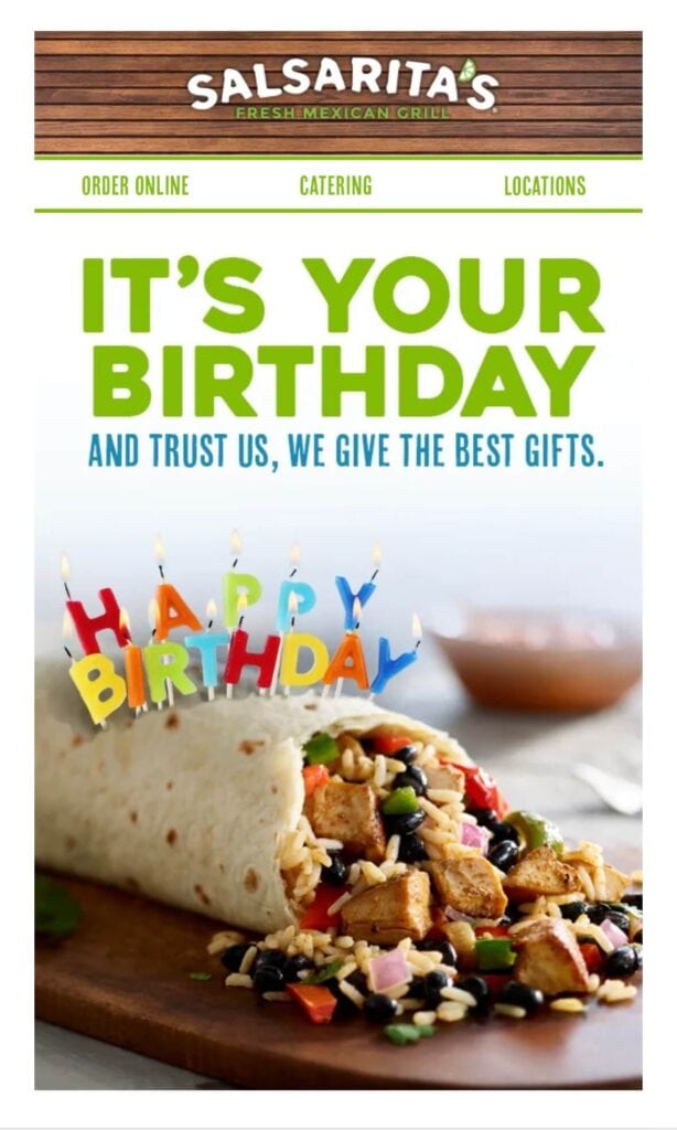 Happy Birthday email from Salsarita's