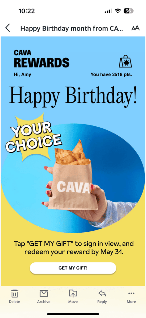 promotional email from Cava with birthday freebies