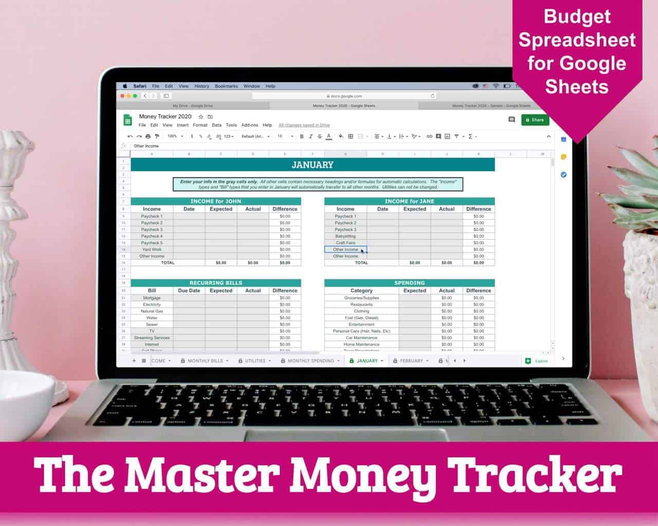 open laptop computer with spreadsheet on the screen and text overlay that says "The Master Money Tracker"