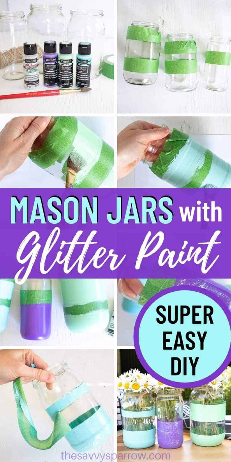 collage showing steps for how to make DIY painted mason jars with stripes