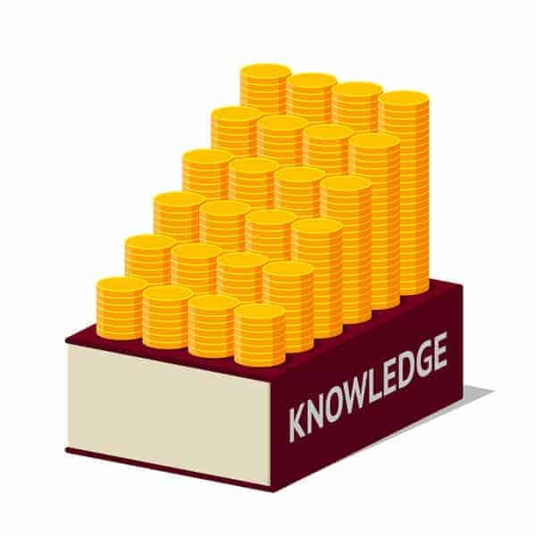 illustration of stacks of coins on top of a book that says knowledge