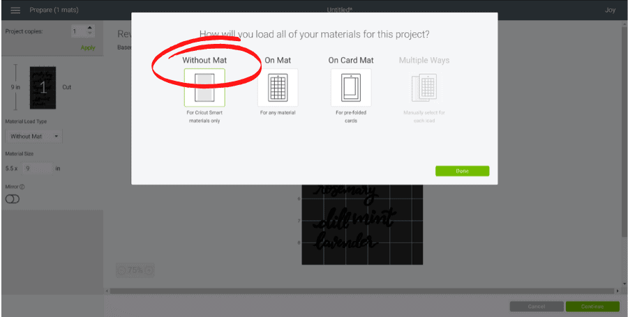 screenshot in cricut design space showing "without mat" selected