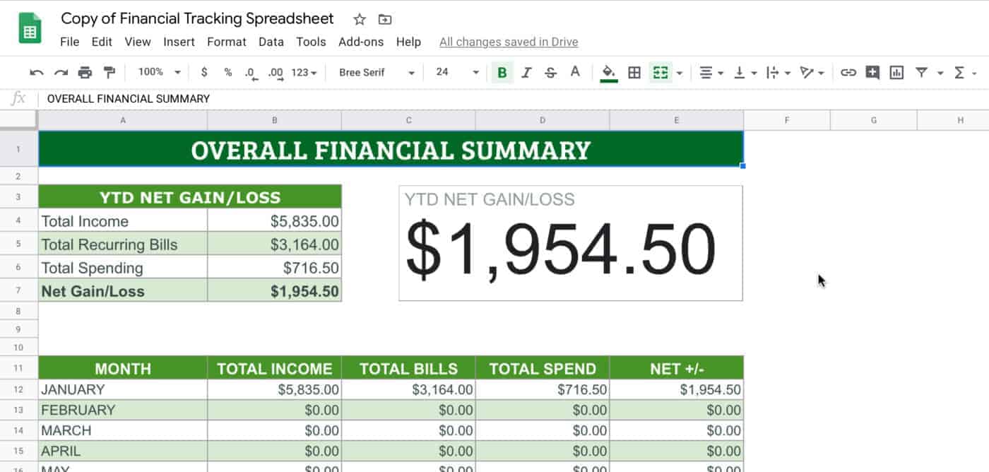 screenshot of spreadsheet that shows Year to Date Net Gain