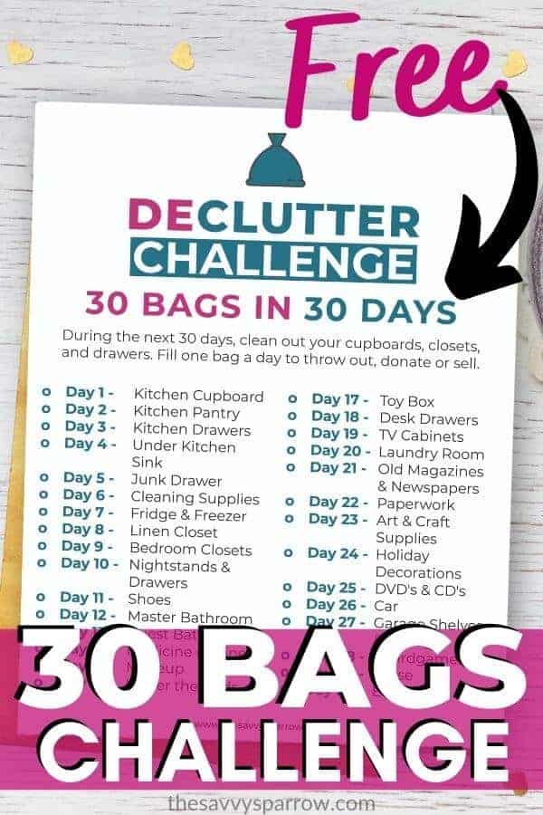 graphic of printable decluttering checklist that says free 30 bags challenge