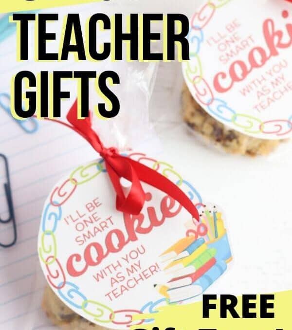 teacher cookie gifts with chocolate chip cookies and gift tags