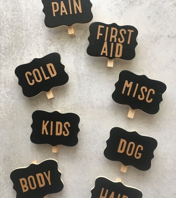 DIY basket labels that say cold, first aid, kids, dog, misc