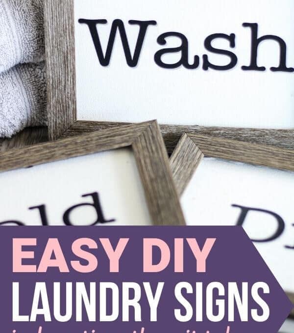 photo of finished DIY laundry room signs with text that says easy DIY laundry signs in less time than it takes to fold socks