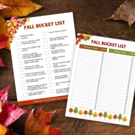 fall bucket list printables on wood and leaf background