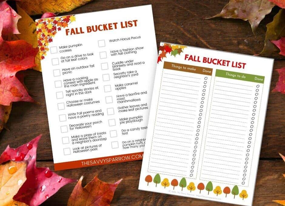 fall bucket list printables on wood and leaf background