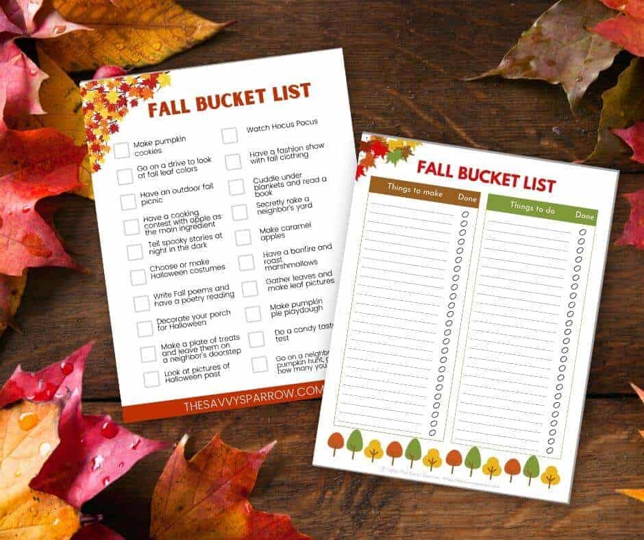 fall bucket list printables on wood and leaf background