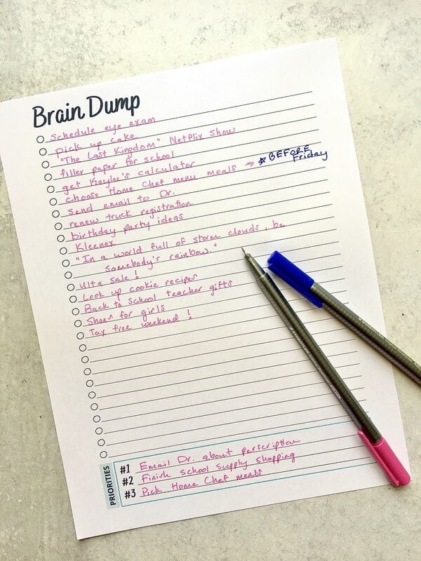 to do list written on a brain dump worksheet