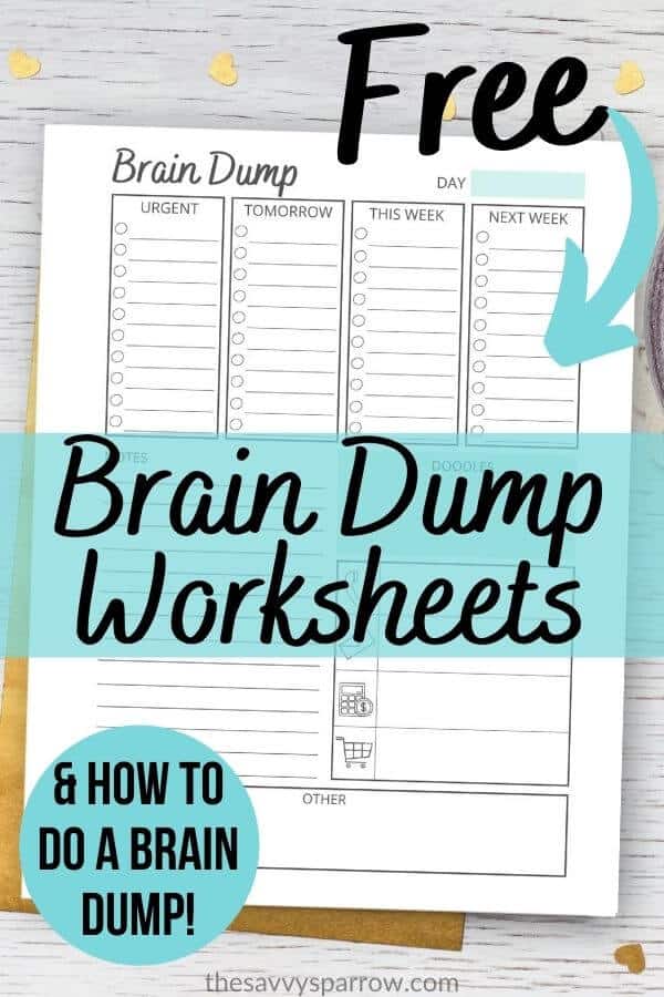 graphic of brain dump template that says free brain dump worksheets and how to do a brain dump