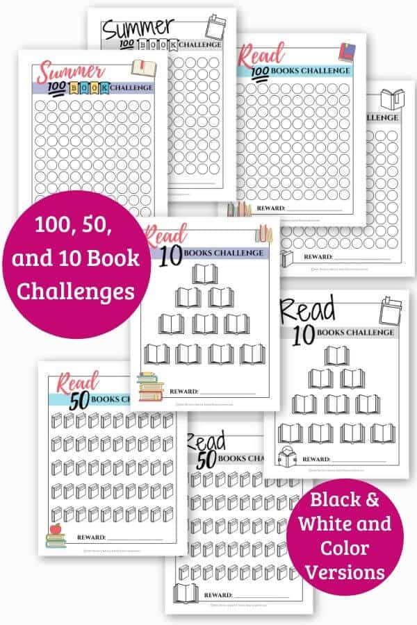 promotional graphic showing printable reading challenges for kids available for purchase