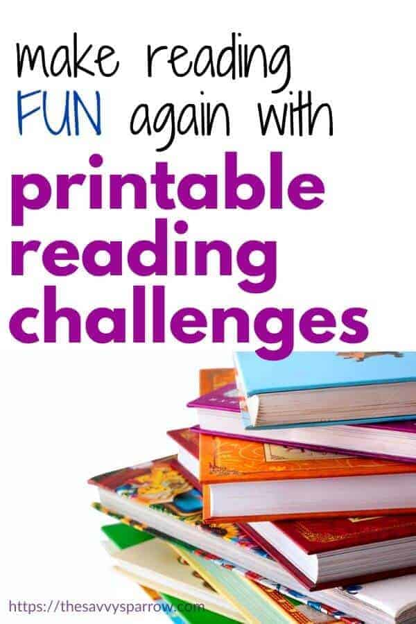stack of books and text that says make reading fun with printable reading challenges