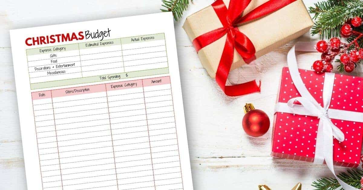 Christmas budget worksheet on a table with gifts