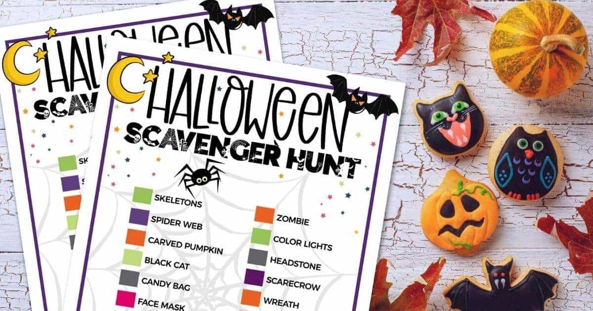 halloween painted rocks on table with halloween scavenger hunt printable