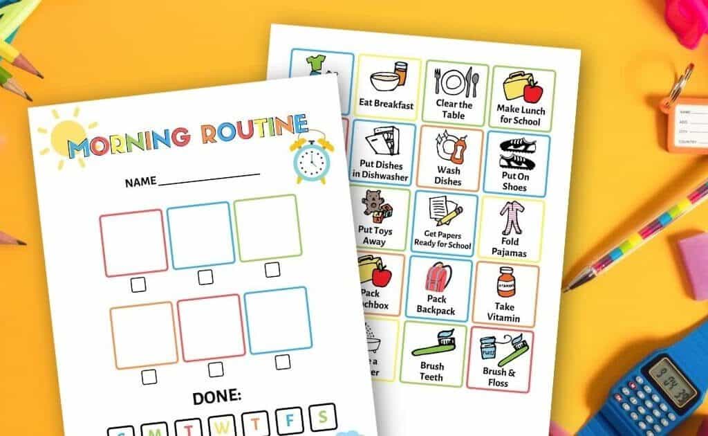 printable morning routine chart on a table with school supplies
