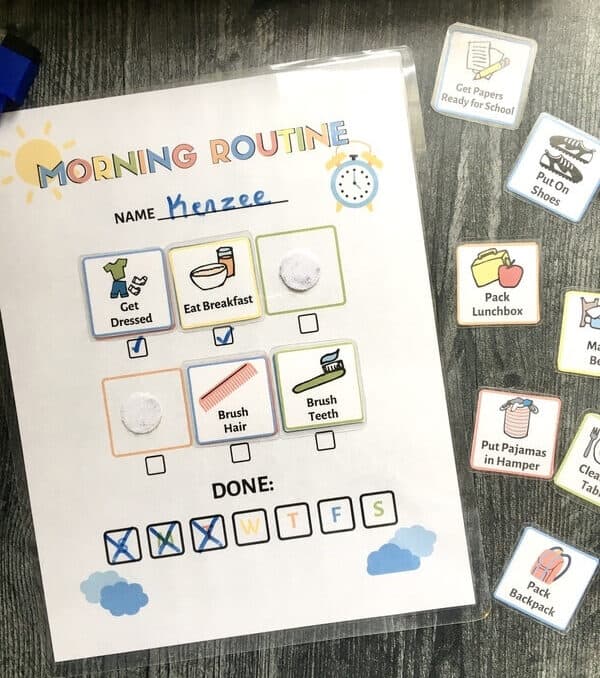 kids morning routine chart and routine picture cards on table