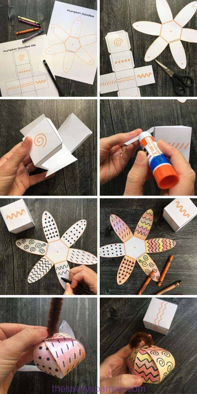 collage of photos showing the steps to make paper pumpkin craft