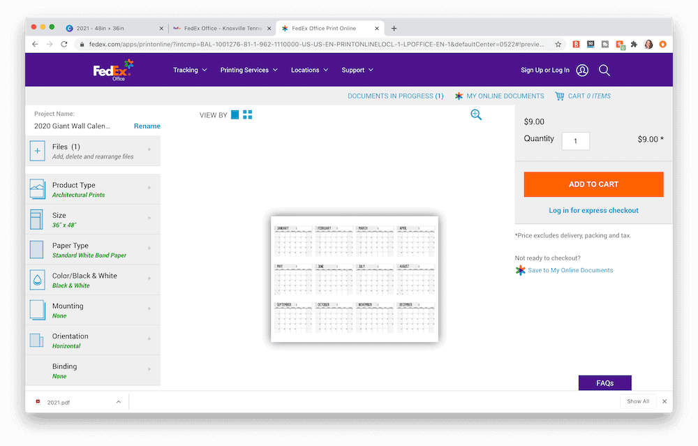 screenshot of print settings for FedEx Kinko's print order