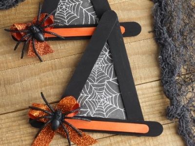 black and orange wooden craft sticks glued together to look like Witch Hat crafts
