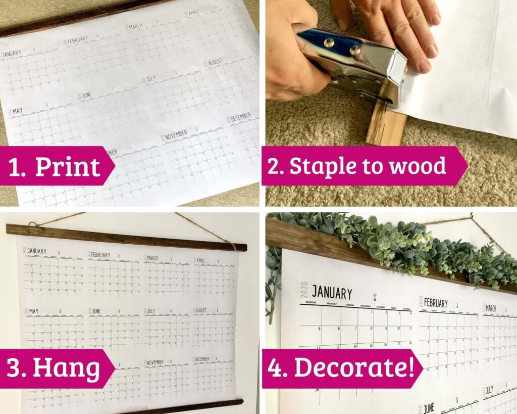 collage showing how to build a frame for the printable giant wall calendar