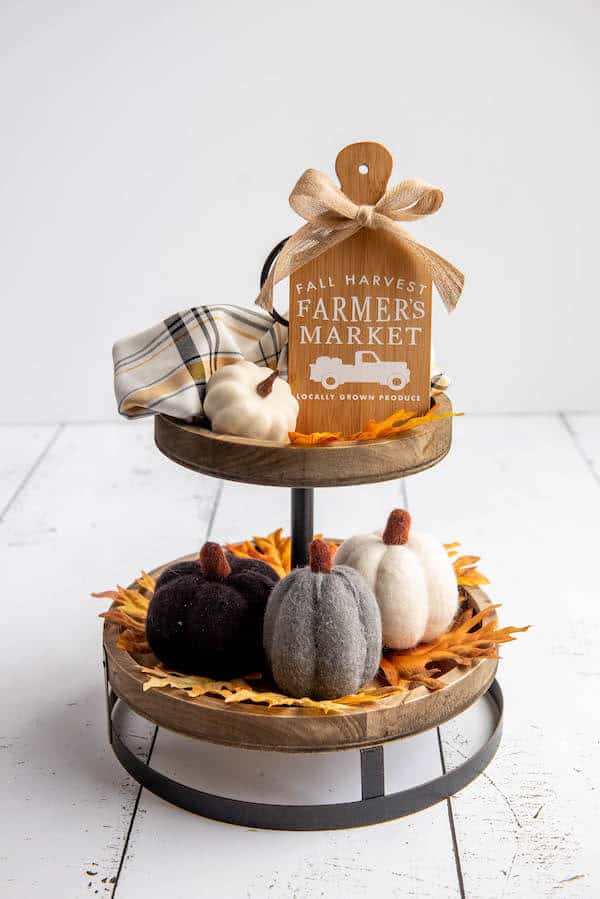 farmhouse style decorative tiered tray decorated for fall