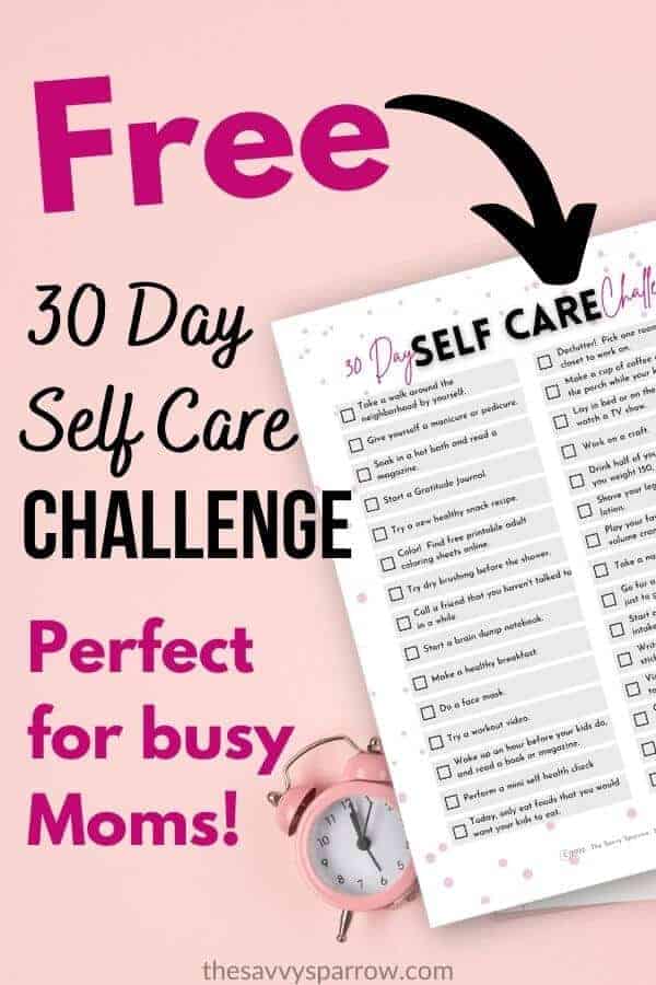 free printable 30 day self care challenge on a pink background