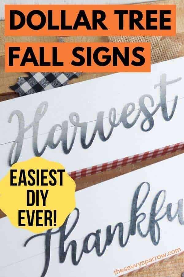 DIY fall signs that say Harvest and Thankful on a table