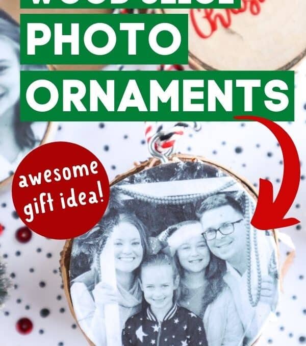 DIY wood slice photo ornaments on a Christmas background