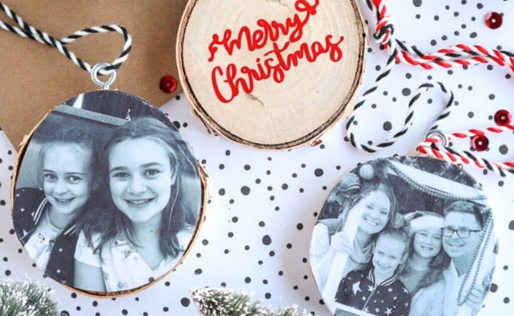 DIY wood photo ornaments on a Christmas backdrop