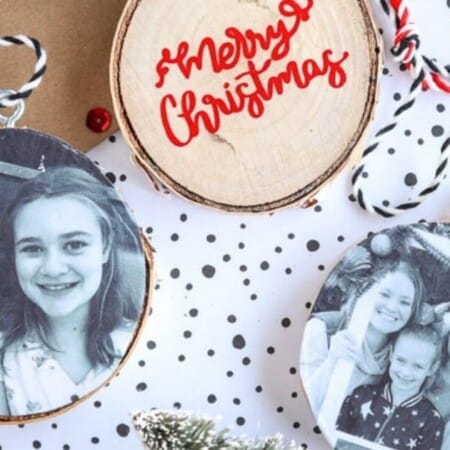 DIY wood photo ornaments on a Christmas backdrop