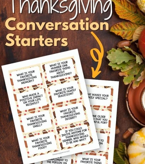 free printable Thanksgiving conversation starters with a fall leaf background