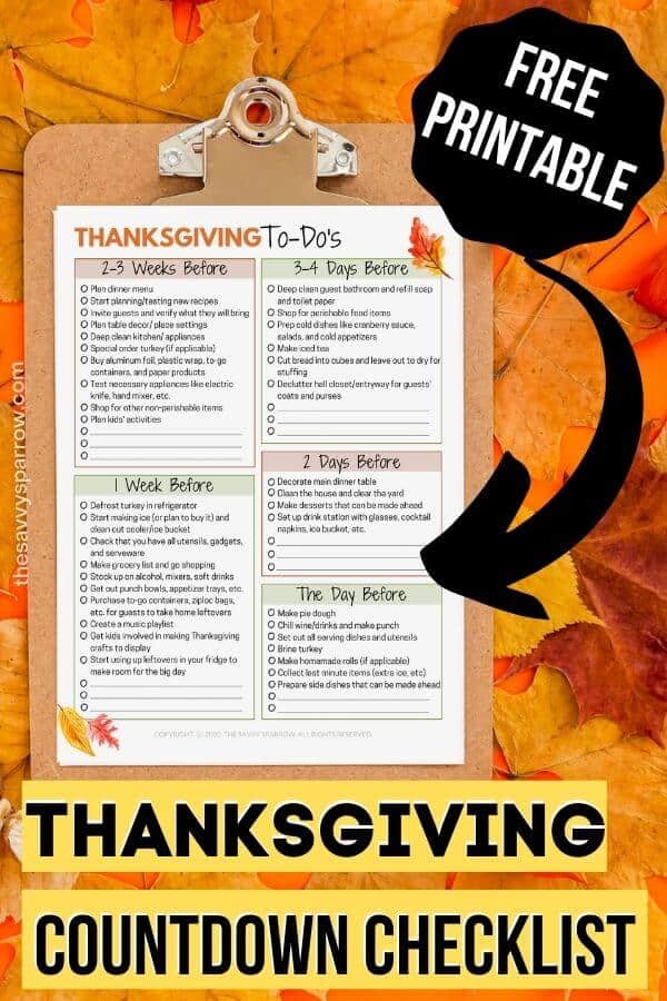 printable Thanksgiving countdown checklist on a clipboard