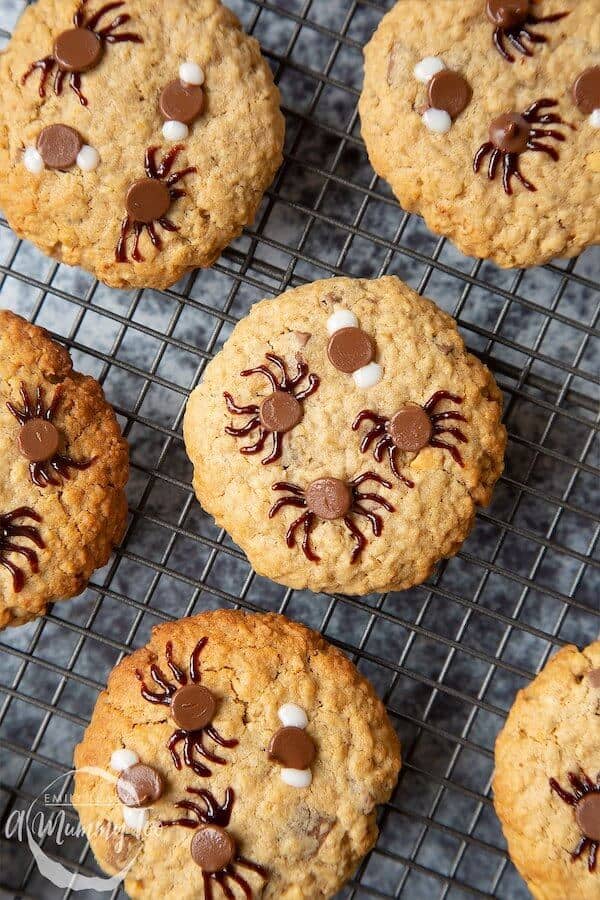 chocolate chip cookies decorated to look like spiders
