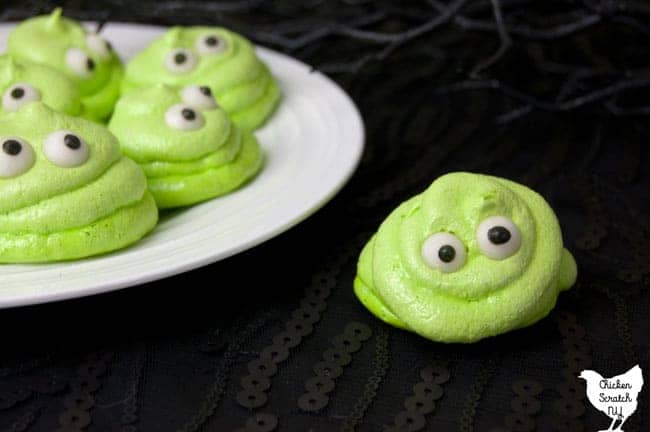 green meringue cookies with eyeballs