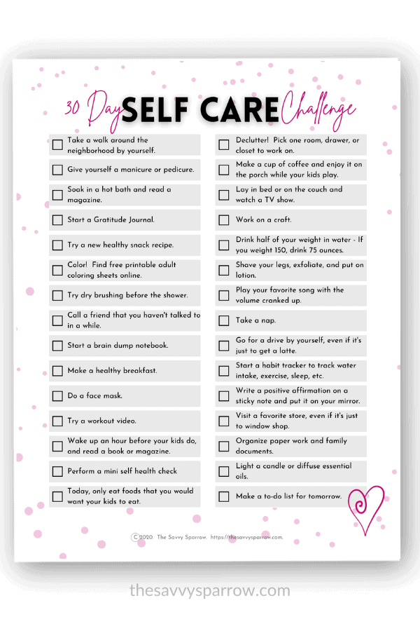 printable 30 day self care challenge checklist