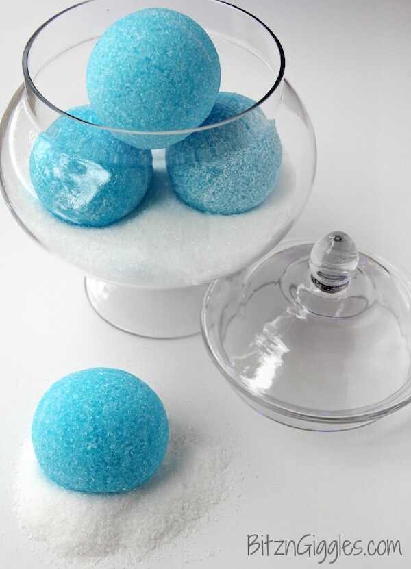 blue DIY peppermint bath bombs in a jar