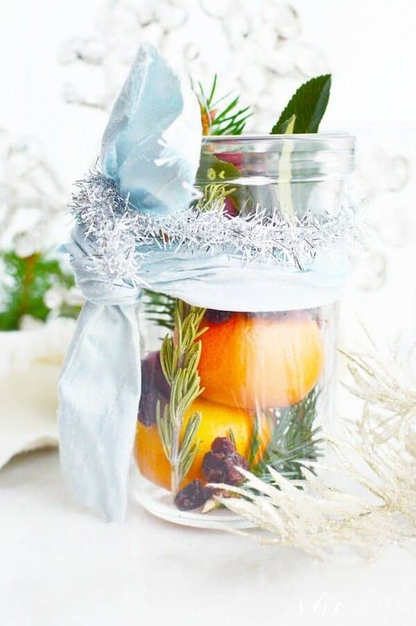 potpourri in a mason jar wrapped as a Christmas gift