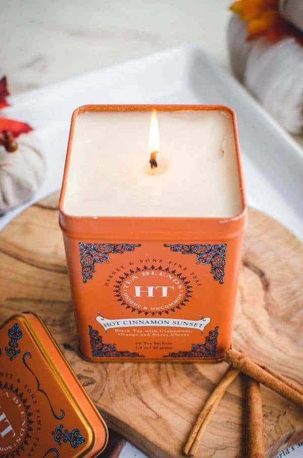 DIY candle made in a tea tin