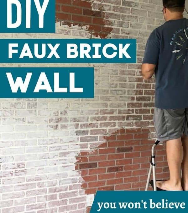 man on a ladder installing a faux brick wall