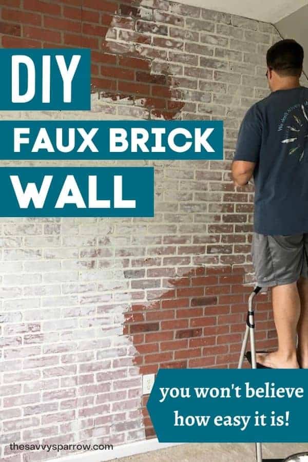 man on a ladder installing a faux brick wall