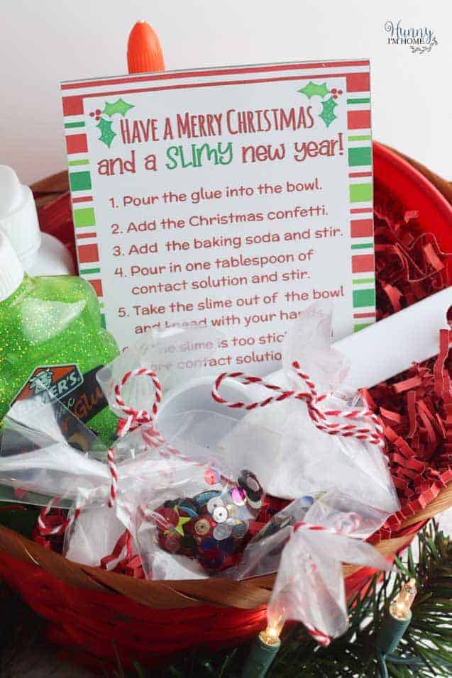 DIY gift basket for kids with slime supplies inside
