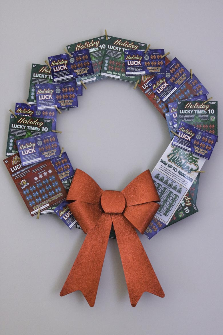 Christmas wreath made from lottery tickets
