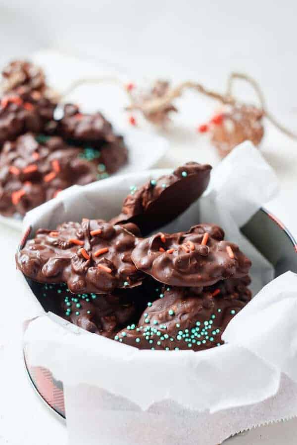 homemade crock pot Christmas candy with chocolate and nuts