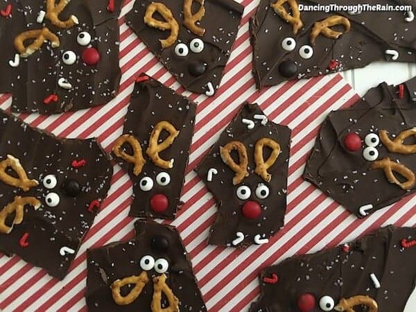 chocolate bark decorated to look like reindeer