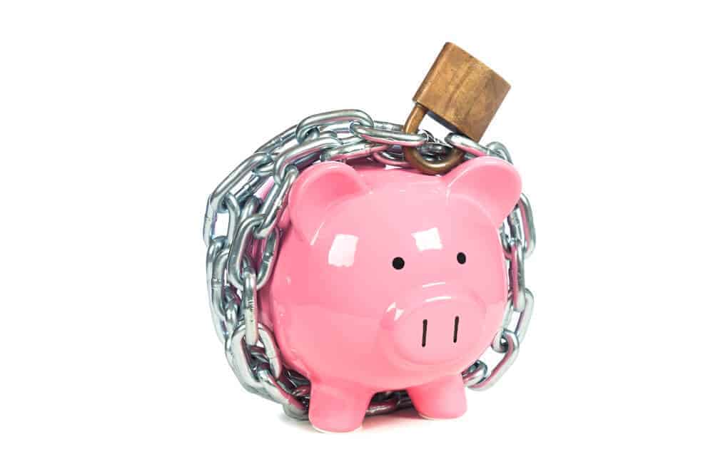 piggy bank with a lock around it