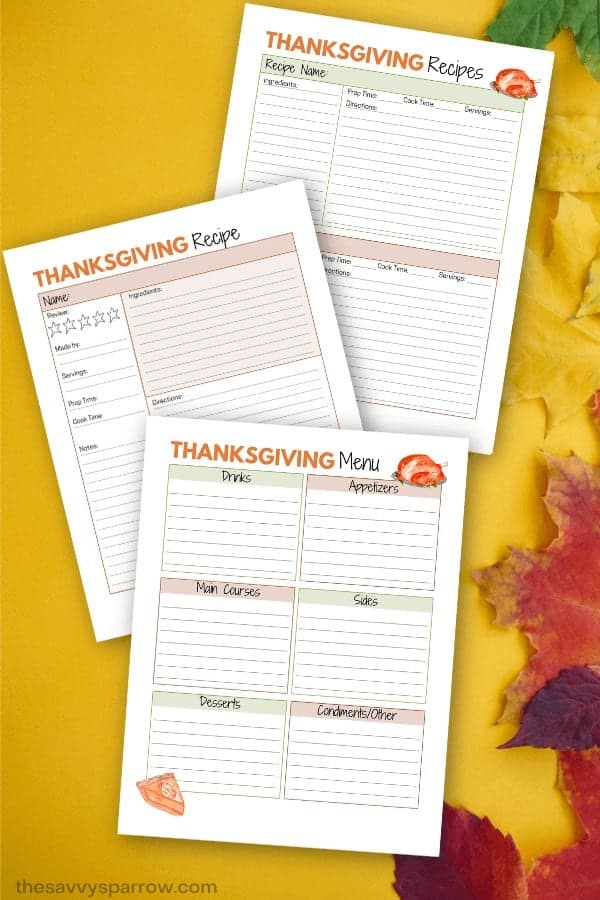 printable Thanksgiving menu planner sheets on a fall background