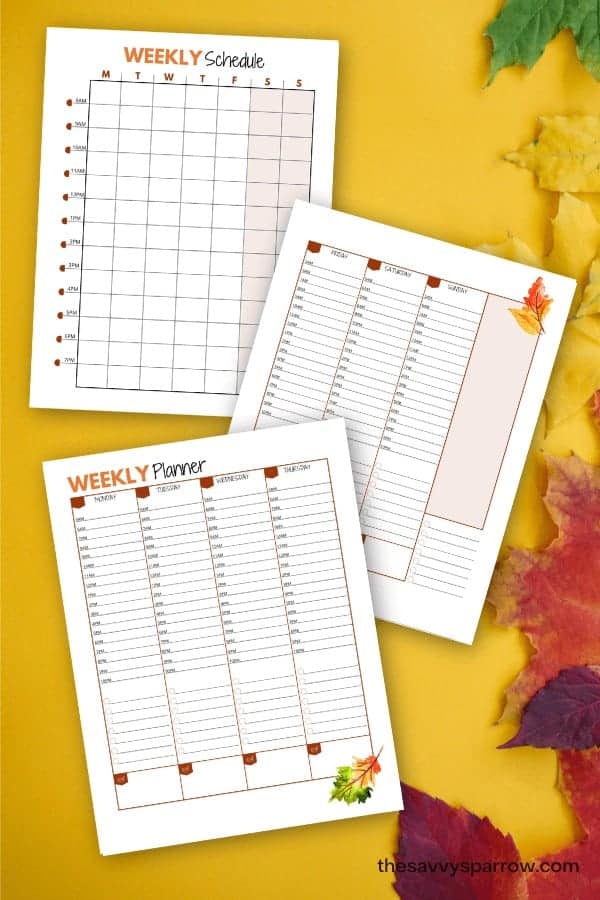 printable weekly planner sheets on a fall background