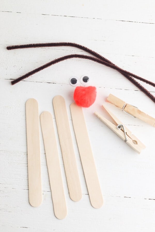 popsicle sticks, clothespins, brown pipe cleaner, googly eyes, and a red pom pom